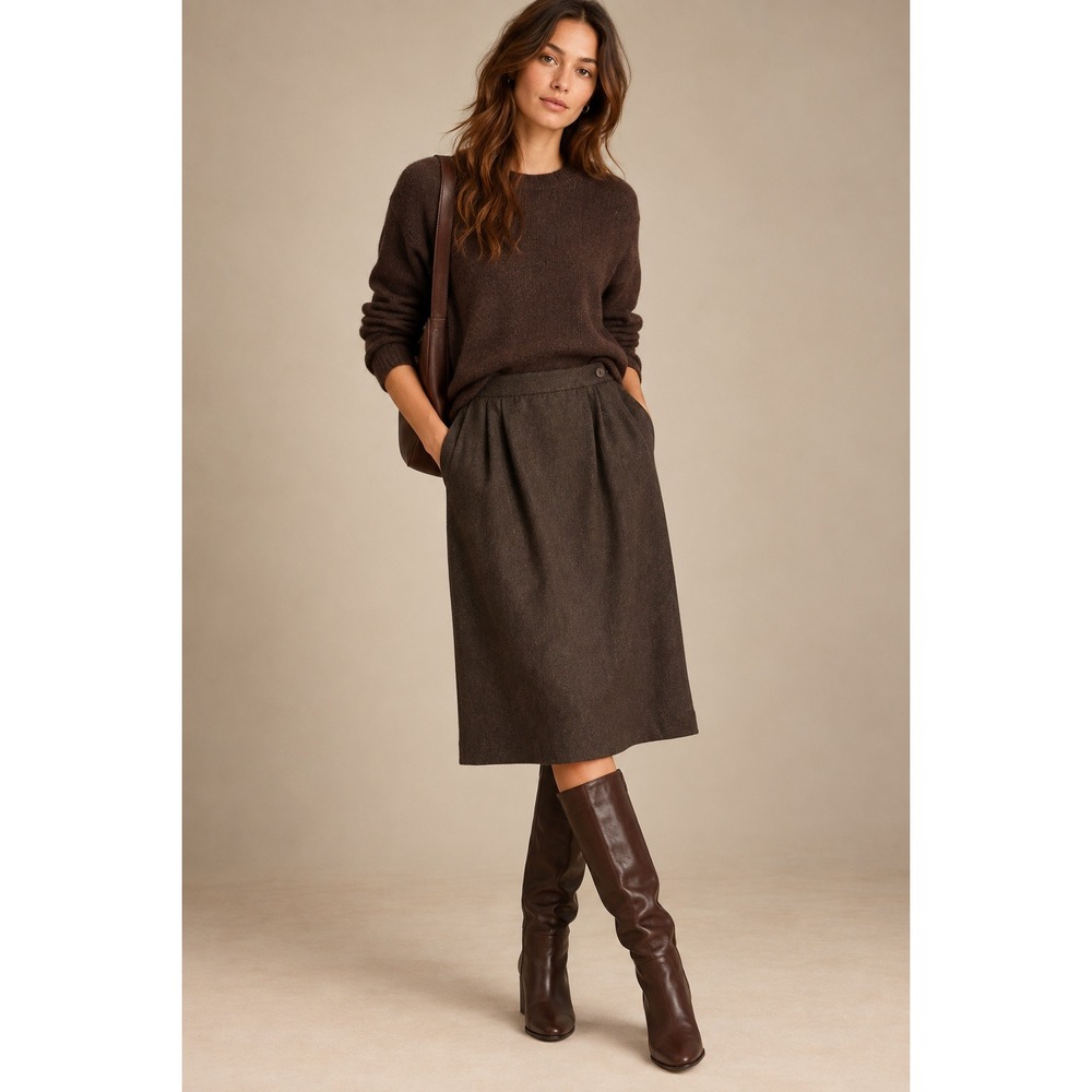 Pendleton Petite Brown Wool Tweed Midi Skirt Pleated Pockets 14P Made in USA